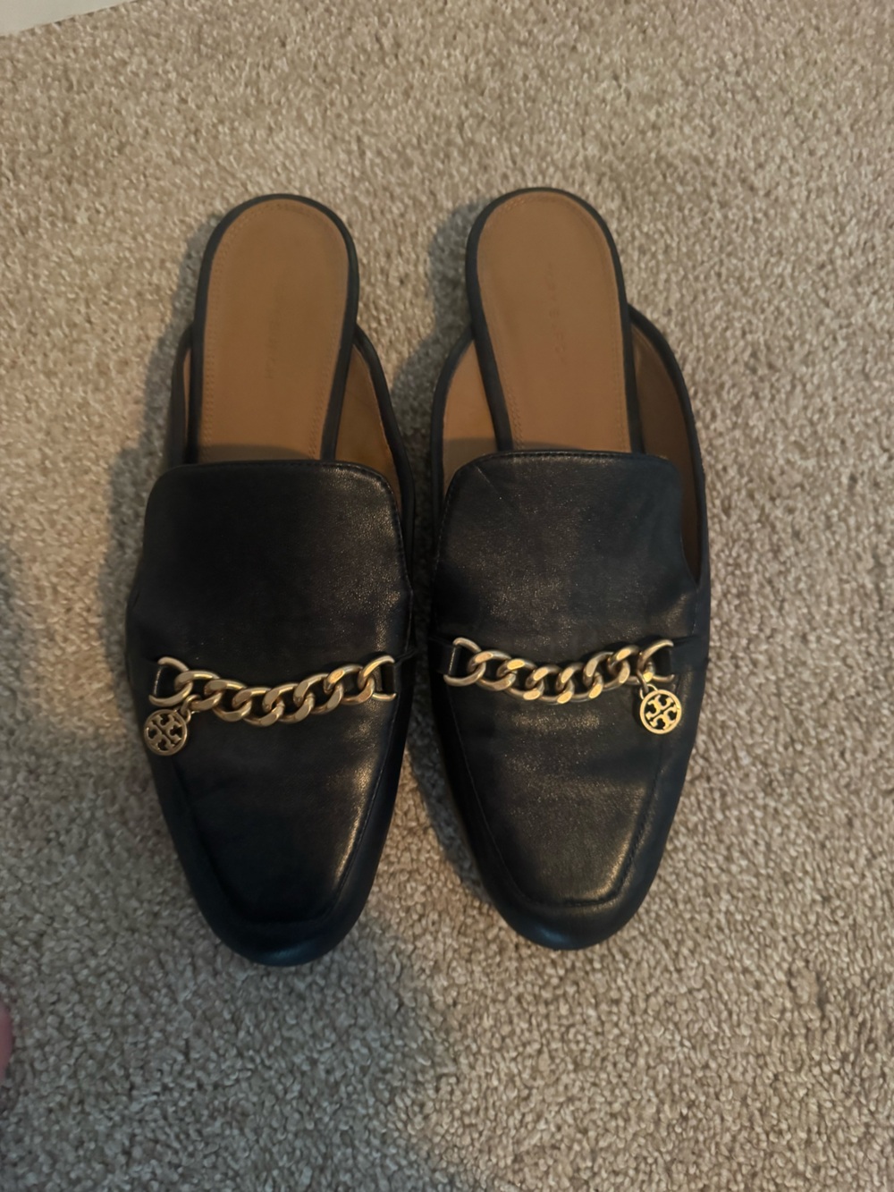 Size 10 Black Womens Tory Burch mule- Gold Chain Detail